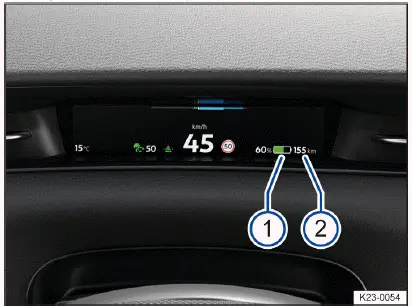 Fig. 1 In the Volkswagen Digital Cockpit: The high-voltage battery charge level 1 and vehicle range 2 (general example).